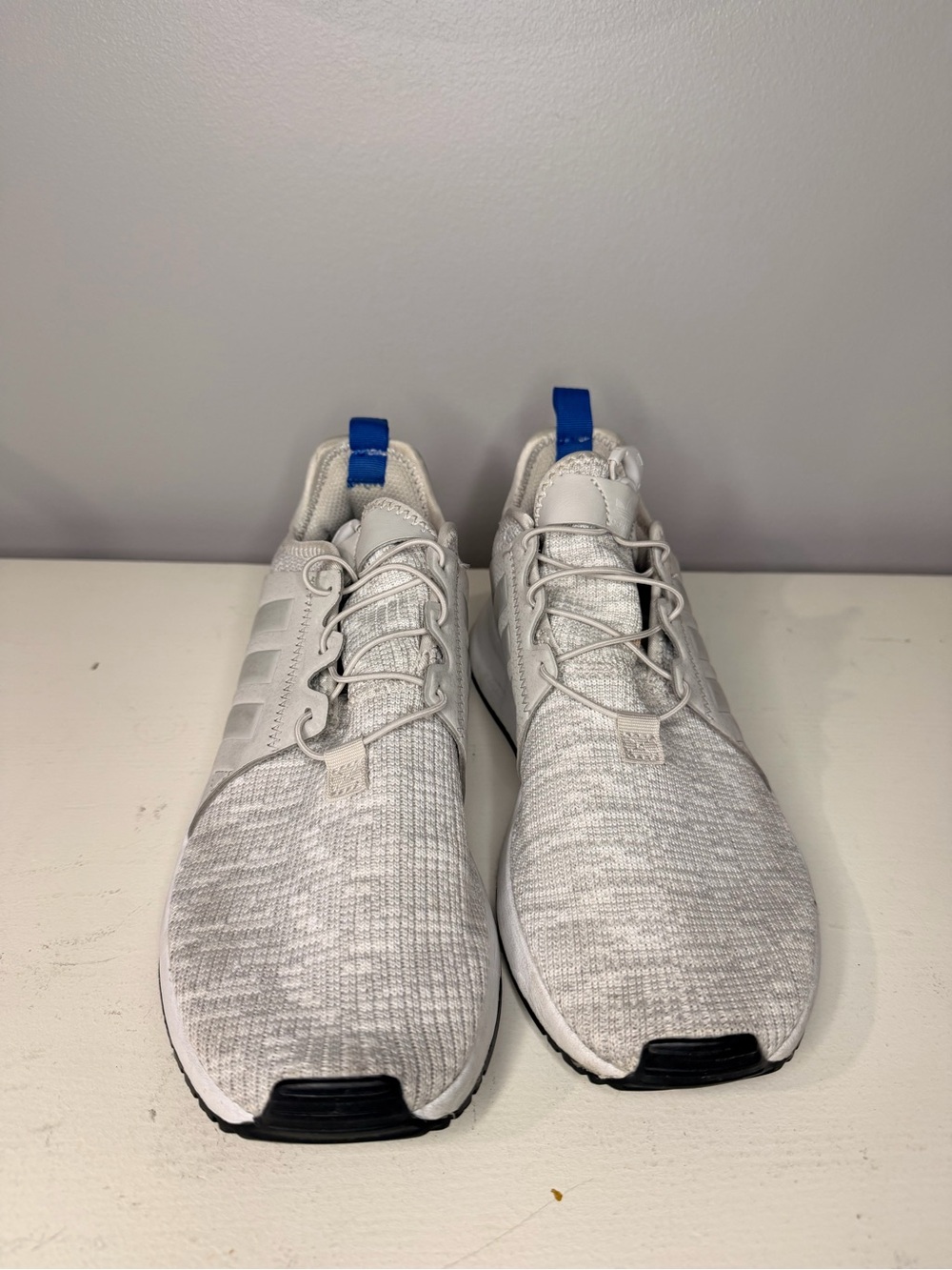 adidas Kids White Knit Sneakers with Blue Heel Tab